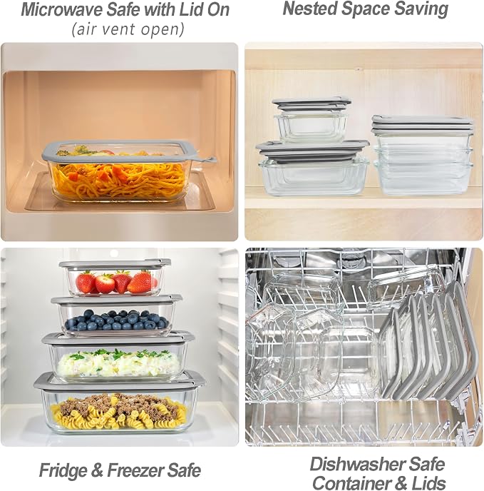 Glass Food Containers with Glass Lid, Microwave Safe Food Storage Container Set, 4 Pack, Airtight Storage Set with Leak Proof Lids, Meal Prep Containers