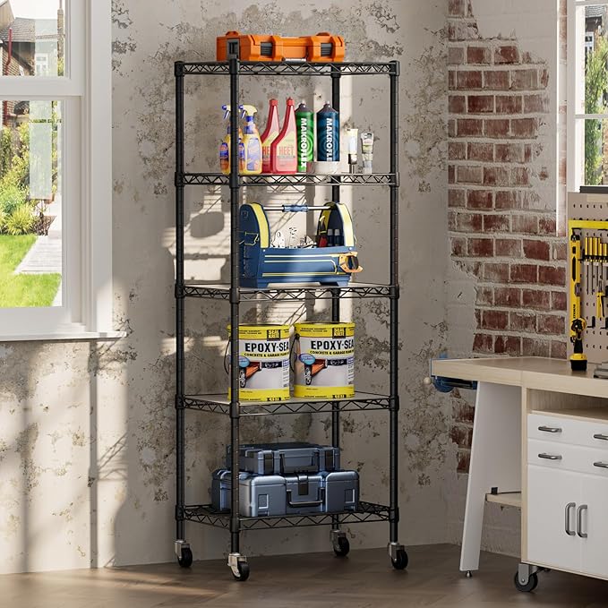 SINGAYE Small Wire 5 Adjustable Shelves Pantry Metal Shelf Floor Organizer | Armoire Adjustable Floor Kitchen Narrow Organizer Rack Shelving Short Square Stackable Standing Storage Tier Under Unit