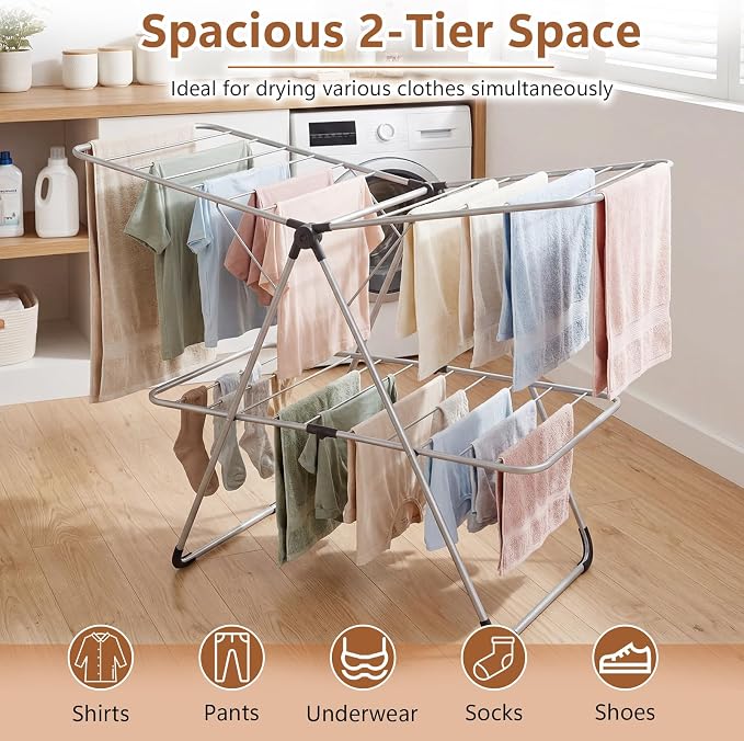 Giantex Foldable Clothes Drying Rack, 2-Tier Aluminum Laundry Drying Rack with Adjustable Wings, Freestanding Airer, Space-Saving, Portable Clothing Dryer Stand for Indoor and Outdoor Use