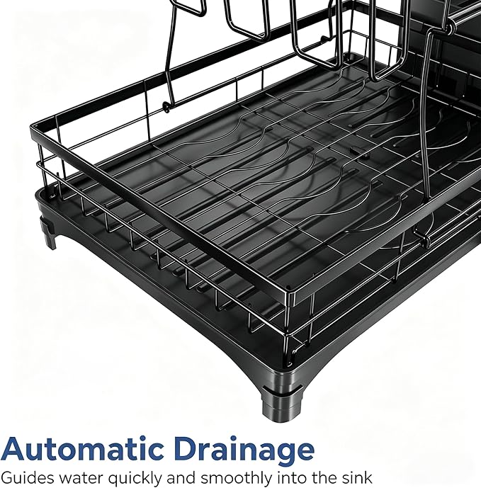 Simple Trending Dish Rack, Stainless Steel Dish Drying Rack for Kitchen Counter, Large Capacity 2-Tier Dish Drainer Organizer with Utensil Holder, Black