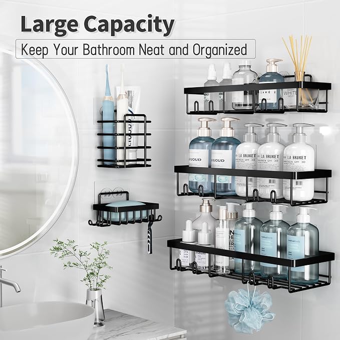 Liuoud Shower Caddy 5 Pack XL-Size Adhesive Stainless Steel Organizer | XL Capacity, With Strong Adhesive, Rustproof, No Drilling Wall Mount Shelvs For Daily Bathroom Organization Decor Set, Black