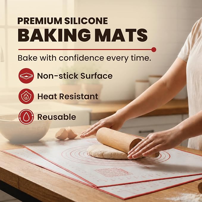Silicone Baking Mat, Non-Stick Pastry & Dough Mat with Guides, Half Sheet Silicone Mat for Baking & Kitchen Counter, Baking Supplies, 11"x16" (Pack of 4)