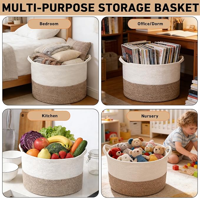 90L Extra Large Blanket Basket,Rope Woven Storage Basket with Handles, Laundry Hamper for Toys, Clothes, Pillows & Towels, Perfect for Living Room, Nursery & Bedroom, White & Brown
