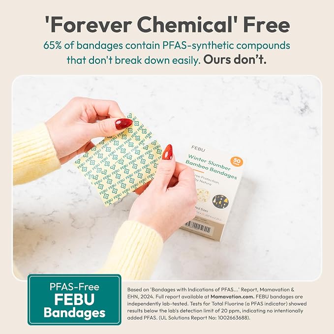 FEBU Sloth Fabric Bandages | PFAS Free Flexible Fabric Bandages | Natural Hypoallergenic Bandage for Scrapes, Cuts & First Aid | Compostable, Latex Free Bandage | 50 Count Strip