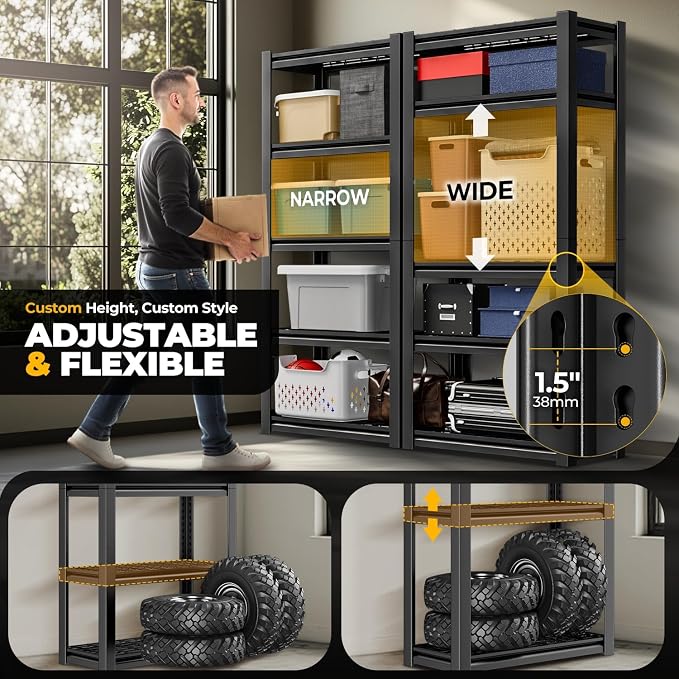 Auto Dynasty 5-Tier Storage Shelves Set of 3, 72" H (3000LBS Capacity) Adjustable Garage Shelving, Metal Storage Utility Rack Shelf Unit for Pantry Kitchen Warehouse, 72" H x 35" W x 16" D, Black
