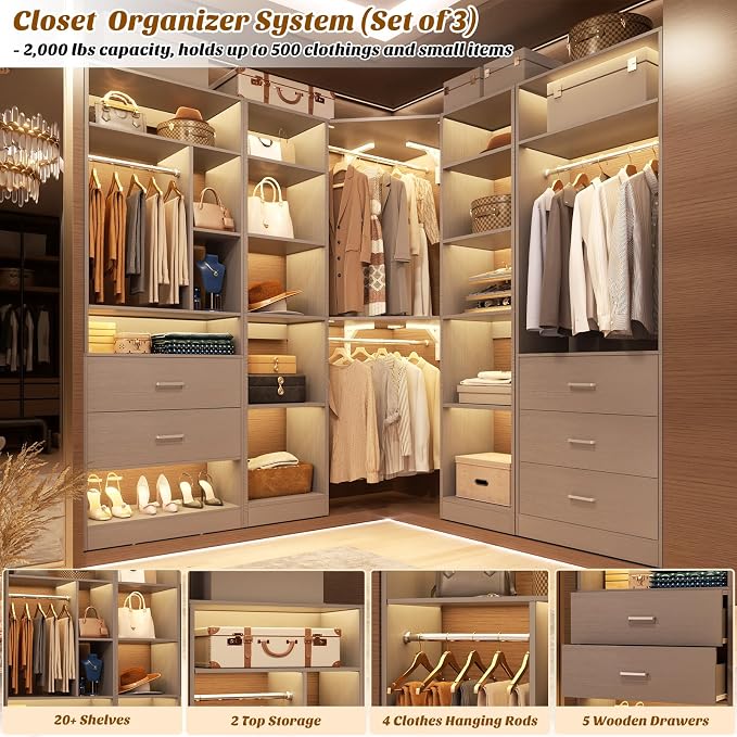 Besiost Corner Closet System with 5 Drawers, Closet Organizer System with 15+Shelvess & 4 Hanging Rods, 63.2"L * 63.2"W / 87.2"L * 39.2"W Reversible L Shaped Walk-in Closets, Load 2500+LBS, Grey