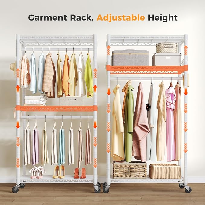 NEWBULIG Heavy Duty Clothing Rack with Wheels, 3-Tier Adjustable Wire Garment Rack, Metal Freestanding Closet Organizer System with Double Hanging Rods & 8 Side Hooks, 35" x 15" x 75", White