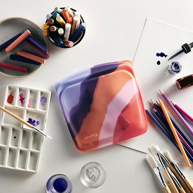 Stasher Silicone Reusable Storage Bag, Sandwich Bag, Reusable Freezer Bags, Microwave, Dishwasher, Oven Safe, Sous Vide, Lunch Container, Eco Friendly, Leak-free, Food Storage Bags, 28 oz, Purple Wave