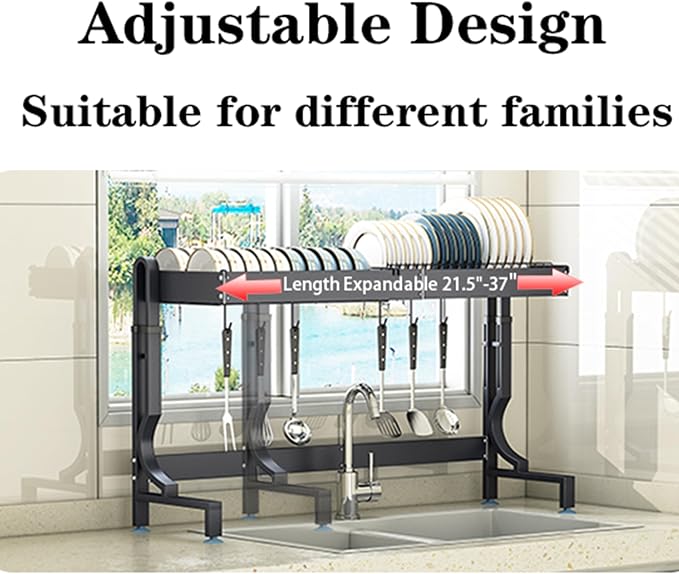 Over the Sink Dish Drying Rack, Height & Width Adjustable Stainless Steel | Large-Capacity Expandable Dish Rack with Utensil & Knife Holders,Hooks for Space-Saving Kitchen Storage | Fits Most Sinks