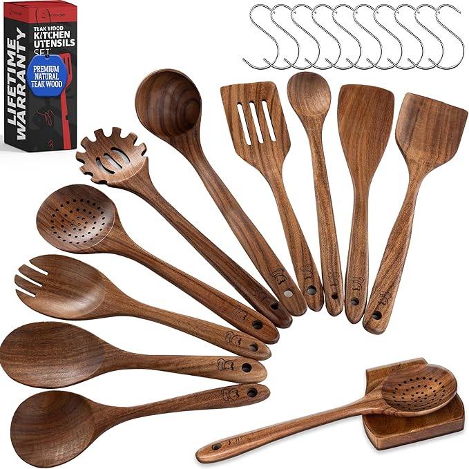 PriorityChef Wooden Spoons for Cooking, Premium 10pc Teak Wood Utensil Set with Hanging Hooks and Spoon Rest