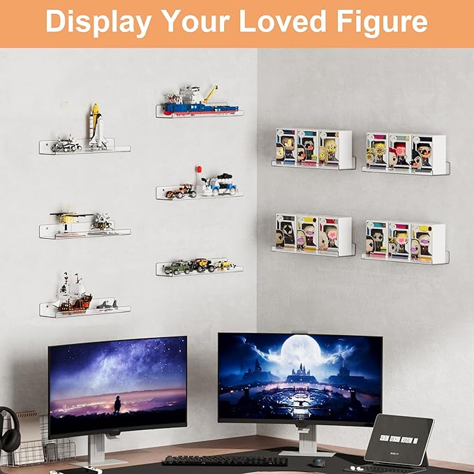 upsimples 12 Pack Acrylic Shelves Wall Organizer and Storage, 15" Display Shelf for Figure, Toy Cars, Perfume, Kids Bookshelf for Bedroom, Nursery, Craft Room, Clear