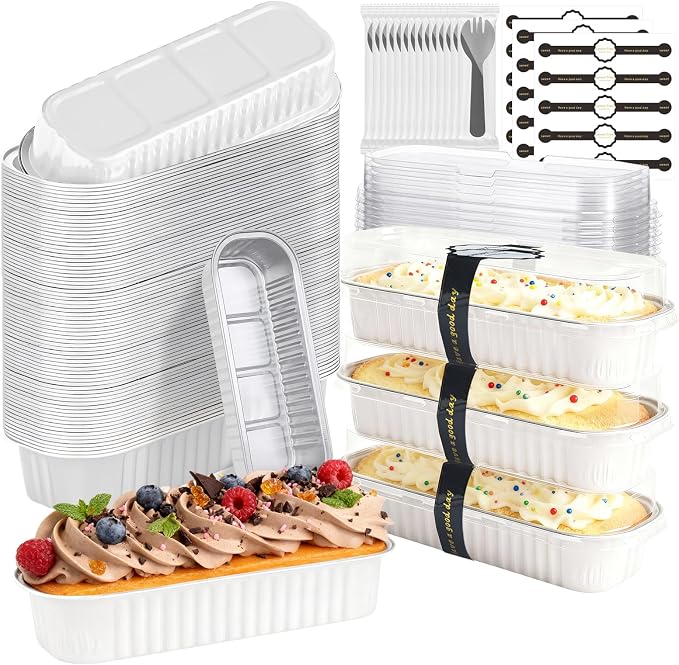 Mini Cake Pans with Lids and Spoons 200 Pack, Mini Loaf Pans with lids 6.8oz, Small Disposable Aluminum Foil Loaf Pans, Rectangular Baking Container for Party, Picnics and Birthday (White)