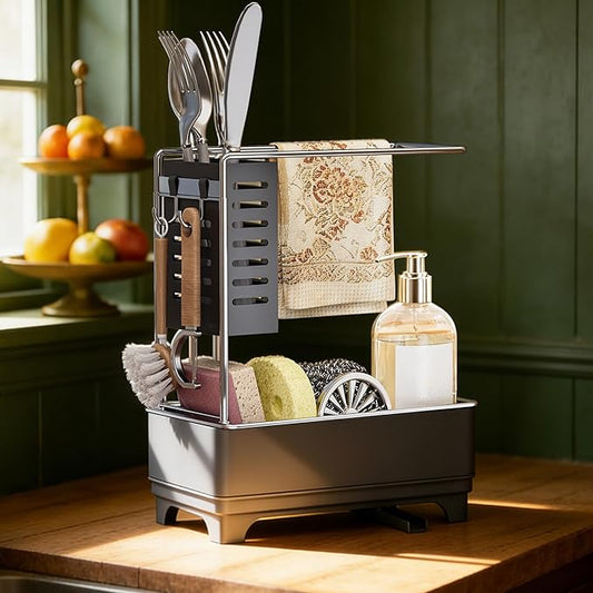 MOUKABAL Sponge Holder for Kitchen Sink, 2-Tier Sink Caddy Organizer with Drain Holes and Hooks, Holds Dishcloth, Sponge & Brushes, Kitchen Countertop Storage for New Home Essentials Grey