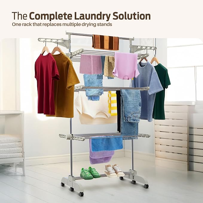 PORTENTUM Clothes airer drying rack – 5-Tier foldable to 14 cm with 58 hanger hooks – Up to 40 kg – horse-style dryer with 24 stainless-steel bars – Indoor and outdoor use – Swivel wheels with brake