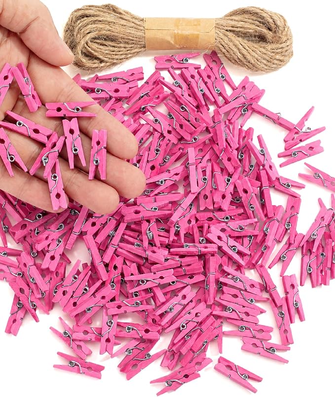 Mr. Pen- Mini Wooden Clothes Pins for Photo, 1 Inch, 200 Pack, Pink Small Clothespins with 10 Meter Jute Twine for Scrapbooking, Labeling Plants, Gift Tags, Tiny Crafts, Photo Display, Decoration