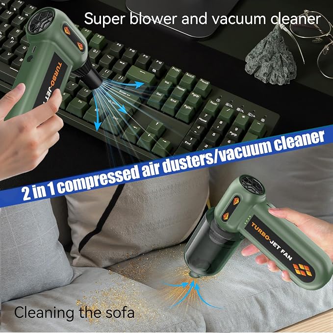 Compressed Air Duster 360000RPM Electric Air Duster Variable Speed 430G 4 Gear Adjustable Rechargeable Cordless Jet Dry Blower Turbo Fan Dryer Air Blower Mini Car Vacuum Cleaner Small Green