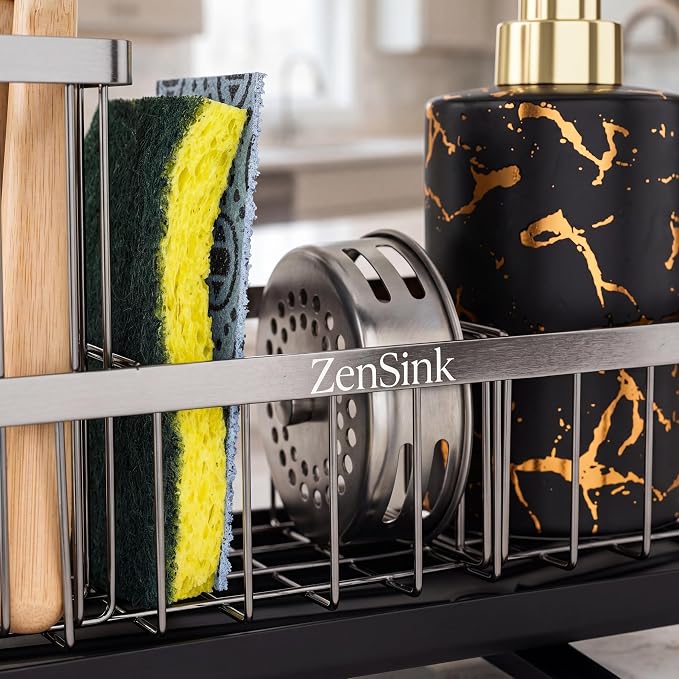 ZenSink Sponge Holder for Kitchen Sink, Kitchen Sink Caddy Organizer with Drain Tray, High Brush Holder, Rustproof 304 Stainless Steel Kitchen Counter Organizer