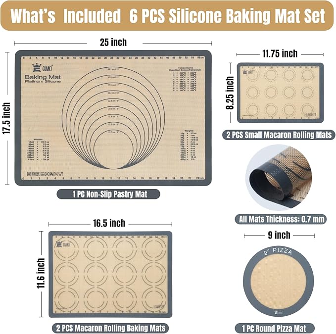 GUANCI Silicone Baking Mat Set of 6, Includes 25"x17.5" Large, 2 Medium 16.5"x11.6", 2 Small 11.75"x8.25", 9" Round, All Mats 0.70mm Thick, Non-Stick Reusable Baking Mats for Pizza, Cookie, Bread