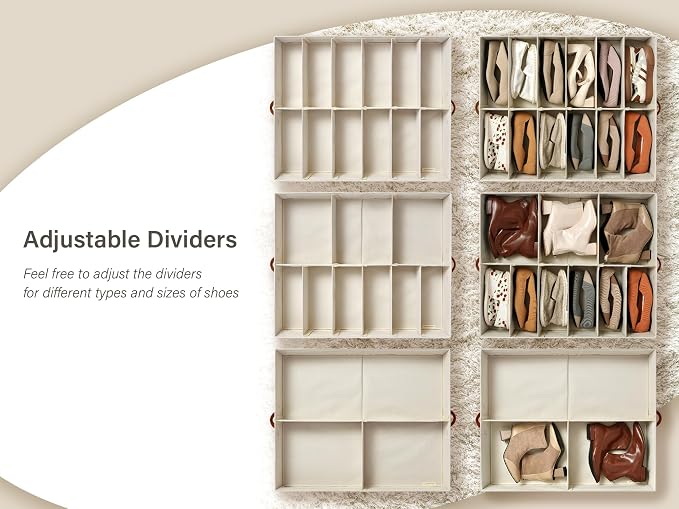 StorageWorks 2-Pack 24-Pair Under bed Shoe Storage Organizer, Taupe | Adjustable Dividers, Holds up to 12 Pairs Each, 5.25" Height, Fits 6-inch+ Clearance, Clear Top, For Closet, Bedroom