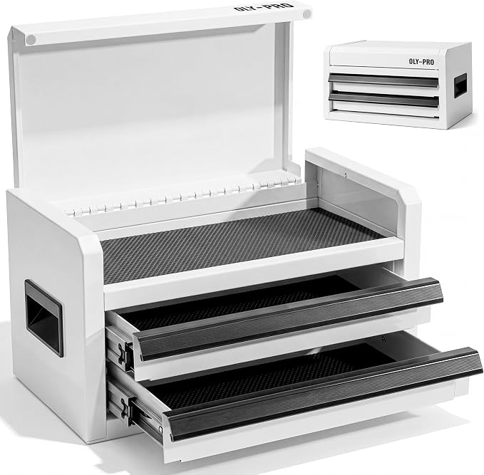 Mini Toolbox with 2 Drawers and Top Storage, Durable Steel Construction with Ball-Bearing Slides, Multi-Purpose Portable Tool Boxes Case Organizer for Garage, White