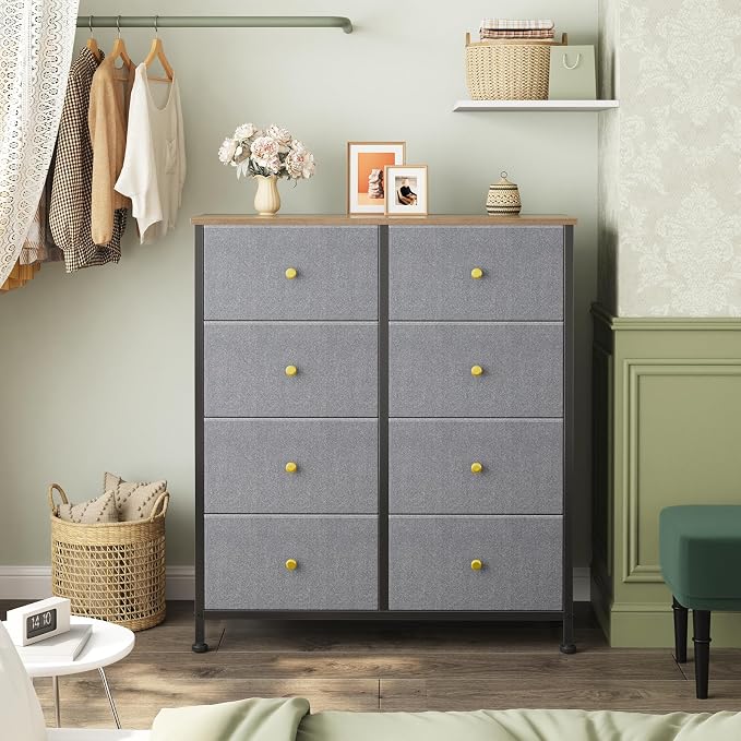 OLIXIS 8 Drawer Storage Dresser for Bedroom, Closet Organizers Units | Fabric Dresser with Wooden Top, Chest of Drawers Clothes Storage, Tower Cabinet, TV Stand Furniture, Gray Blue