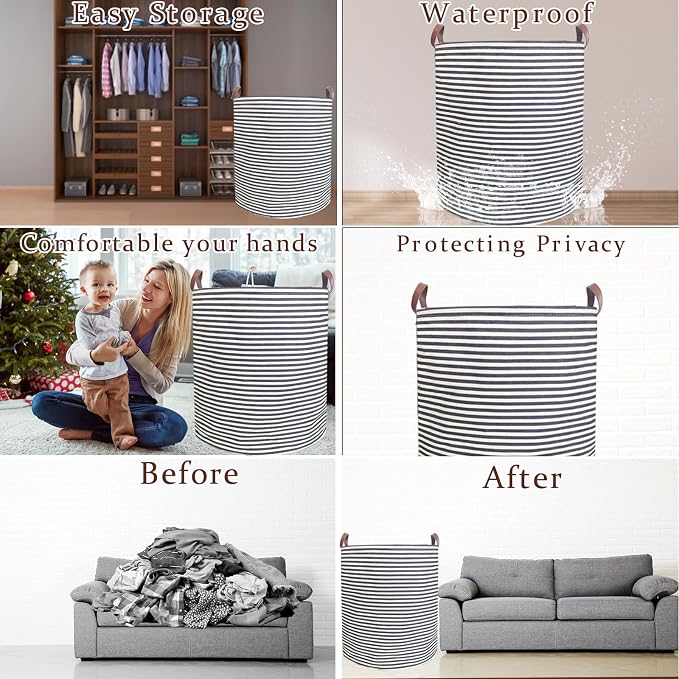 Waterproof Laundry Hamper Collapsible Laundry Basket Leather Handle Laundry Bag Large Clothes Storage Toy Organization for Bathroom Bedroom Laundryroom College Dorms (Pop-Up Laundry Hampers-006)