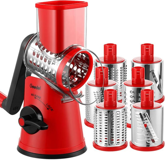 Geedel Rotary Cheese Grater Vegetable Shredder With 6 Interchangeable Blades No Slip Suction Base, Mandoline Slicer & Food Chopper for Cheese, Ice, Nuts, Vegetables, Veggie