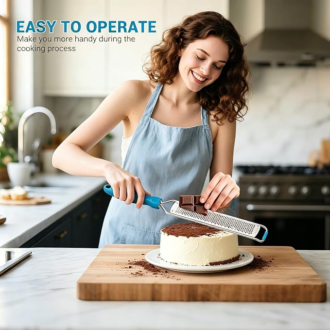 Zester Grater, Lemon Zester Grater with Handle, Premium Stainless Steel Citrus Zester for Parmesan, Garlic, Chocolate, Ginger, Non-Slip Grip, Safety Cover & Cleaning Brush, Blue