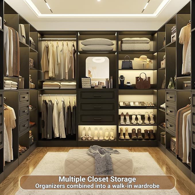 Unikito Modular Closet System with 3 Sets, 75”Closet Organizer System with Drawers, Mirror, Hanging Rods and Adjustable Shelves, Freestanding Wood Wardrobe Garment Rack, Walk in Closet Tower, Black