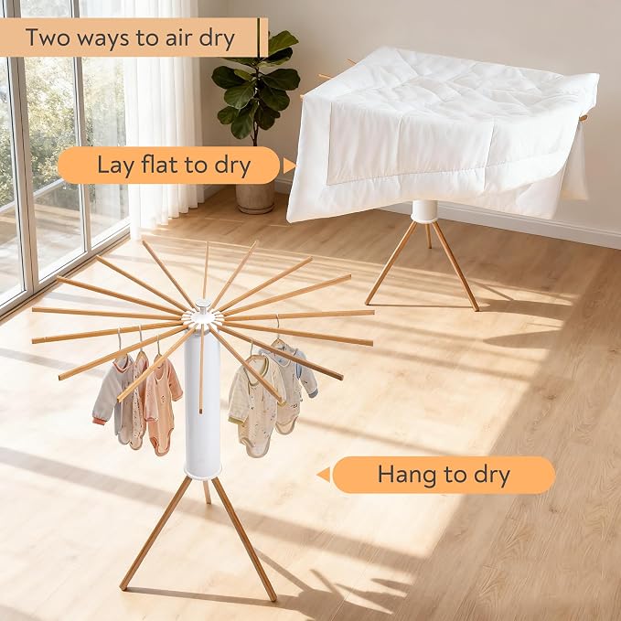 ZOFGENOW Clothes Drying Rack, Rotary Foldable Stand with 16 Arms, White | Stable Tripod Base, 50 lbs Heavy Duty, Collapsible Space Saving, indoor Laundry Room, Apartments, Balcony