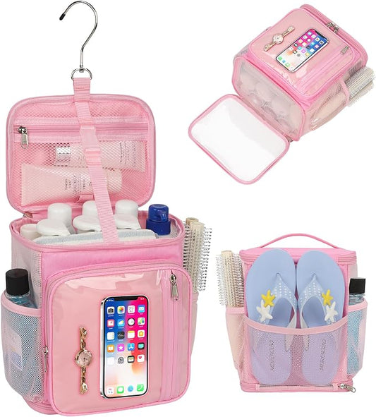 CUBETASTIC Mesh Shower Caddy Bag Portable - Large Capacity Shower Bag with Waterproof Phone Pocket & Sturdy Hook, Dorm Shower Caddy for Travel, Gym, College Essentials for Women & Men (Pink, M)