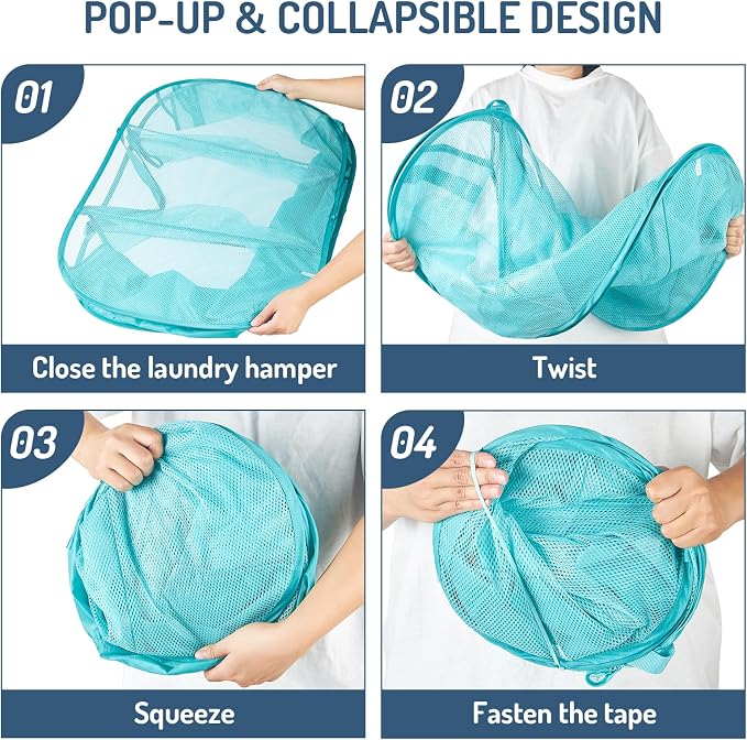 Seiritex Mesh Popup Laundry Hamper 3 Compartment Sortable Horizontal Collapsible Laundry Basket for Clothes Laundry Room Bedroom Toys Travel (Turquoise Blue)