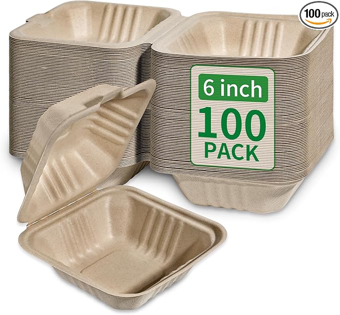 Aricsen Compostable 100 Pack 6x6 Inch Disposable Square Small Lunch Box Takeout Containers with Lid To Go Take Out Clamshell for Food, Eco-Friendly Biodegradable Bagasse, PFAS-Free, Unbleached Brown