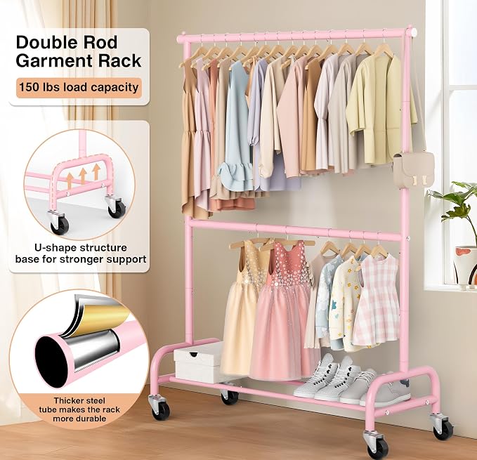 MISSLO Heavy Duty Clothing Racks for Hanging Clothes Rack Double Rod Garment Rack Rolling Closet Wardrobe Rack on Wheels, Metal, Adjustable (Pink)