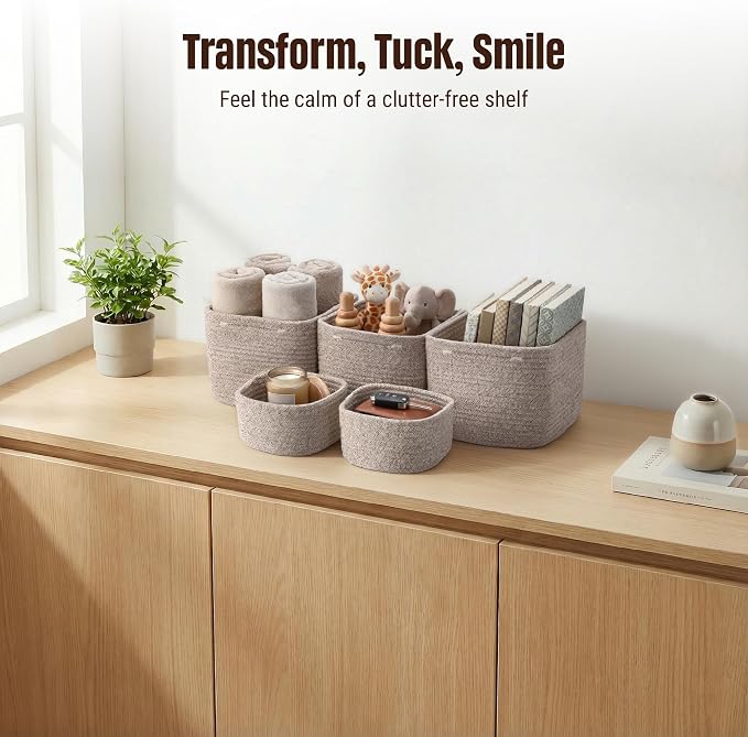 5-Pack Storage Cubes Woven Rope Baskets - 2 Sizes Organizer Bins for Closet, Shelf, Bookshelf, Nursery, Changing Table, Cube Storage Bins, Storage Baskets for Bathroom Toy & Home