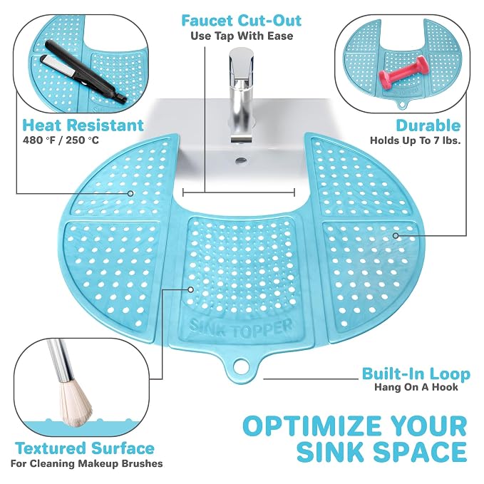 Sink Topper Bathroom Sink Cover for Counter Space, Standard Blue | Holds up to 7 lb on a steel frame; fits over basins to 19 in; 480°F silicone, hot tools; foldable makeup mat; RV, camper