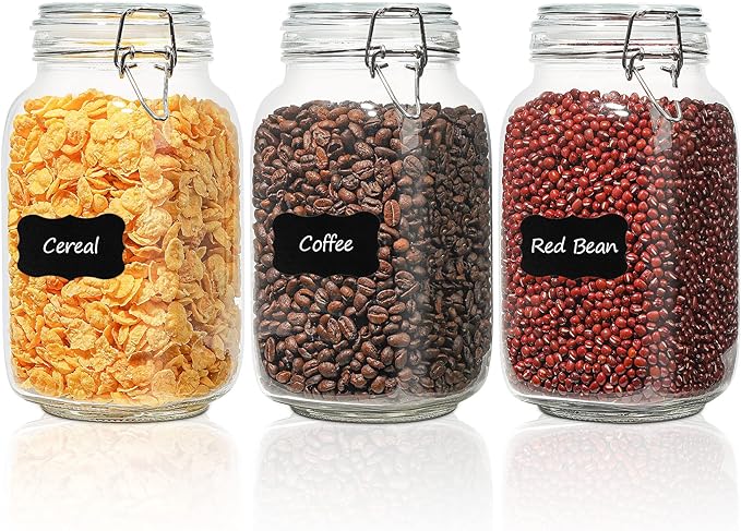 ComSaf Square Glass Jars with Airtight Lids 51 oz 3 Pack Wide Mouth | Flour sugar rice, Kimchi pickling, Sourdough pickling, Pantry organization, Dry food storage, Kitchen storage canister