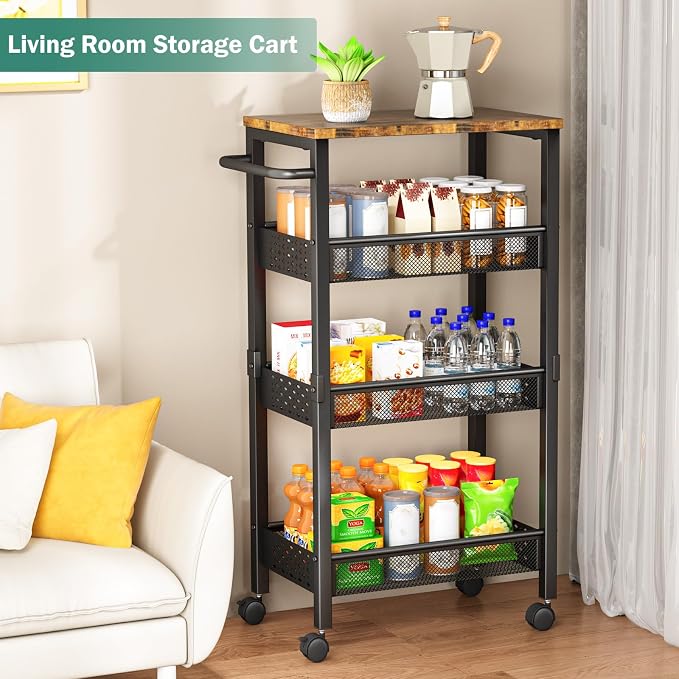Vivihomety 4-Tier Laundry Utility Rolling Cart with Wheels, Kitchen & Bath | Narrow 8.1" wide, lockable wheels, wood top panel, metal frame, for laundry room, small spaces, pantry, tight gaps, Black