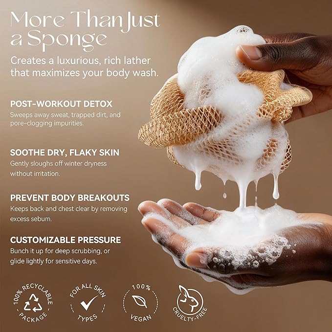 CORATED African Net Sponge Authentic, Shower Net with Knots Loofah Exfoliating Bath Sponge, Body Scrubber for Women Daily Use Body Care, Travel Portable Bath Accessories for Bathroom (Black & Grey)