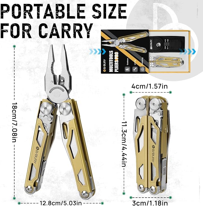 BIBURY Multitool Pliers with 440A Knife & Full Size Scissors, BI2045D | 31-in-1 Multi Tool with Replaceable Wire Cutters, Self-locking EDC Tool with Sheath, Ideal for Outdoor, DIY, Gift for Men