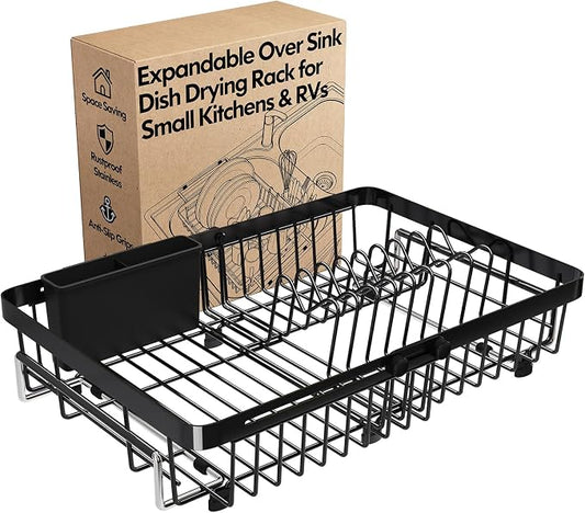 MAJALiS Dish Drying Rack Over The Sink with Utensil Holder | Expandable Stainless Steel Dish Drainer for Small Kitchen, Apartment, RV, Counter Space Saving, Perfect Fit, Rustproof