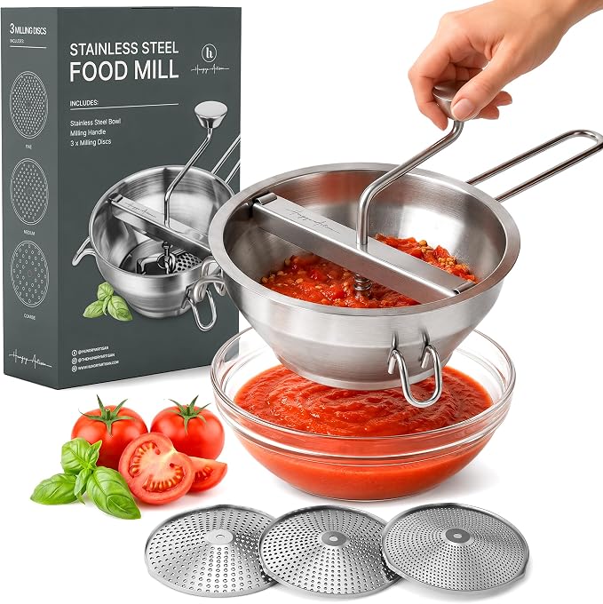 Stainless Steel Food Mill with 3 Discs – Ergonomic Rotary Hand Crank for Tomato Sauce, Applesauce, Baby Food, Mashed Potatoes, Puree & Canning