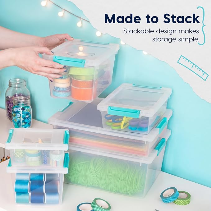 IRIS USA 4 Qt. Craft Storage Bins with Lids, 6-Pack, |Made in USA|, Clip Box, Small Plastic Sensory Bin Tote Organizer Containers for Art Supplies, Paper, & Office, Stackable - Clear/Seafoam Blue