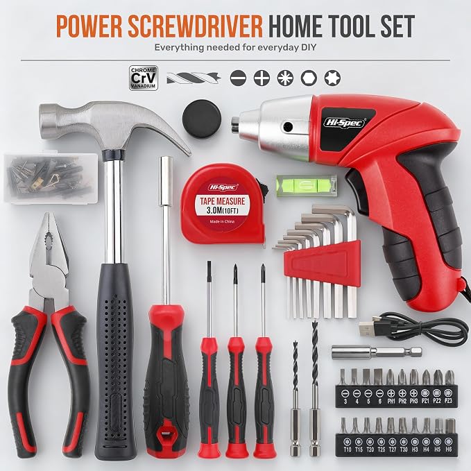 Hi-Spec 4V USB Electric Screwdriver Tool Kit for Home Repairs, Red | 42pc, fast assembly help, common screw bit selection, LED visibility, compact grip, quick household fixes, organized storage