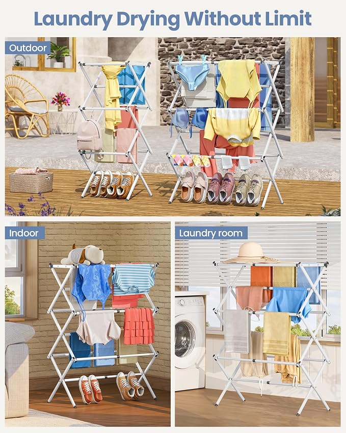 APEXCHASER Oversize 3-Tier Clothes Drying Rack, No Install, White | Expandable Design, Non-slip feet, Tool-free Setup, Rust Prevention, Sturdy Construction, 14.9" D x 29.3" W, Holds 24lbs