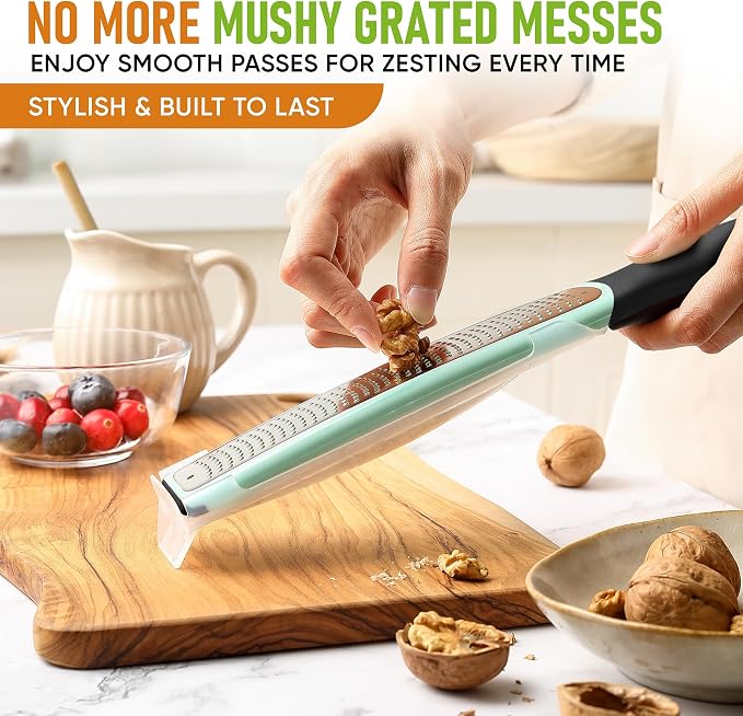 Spring Chef Premium Lemon Zester Grater with Handle - Fruit, Lime, Orange, Nutmeg, Garlic Grater - Heavy Duty Kitchen Tool - Stainless Steel Citrus Zester with Blade Cover - Fine Shred - Mint/Black