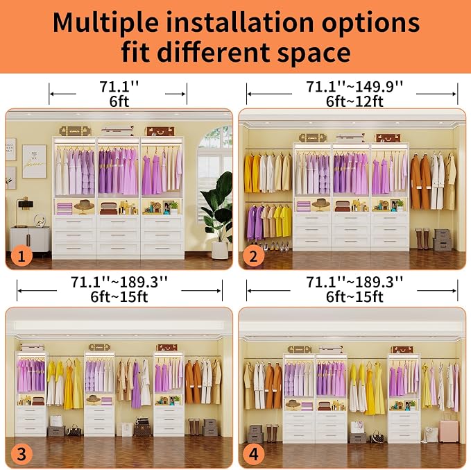 Closet System Set of 3, Closet System with 9 Drawers, 6 Rods & 3 Shelves, 6-15FT Walk in Modular Closet Organizer System, DIY Custom Built in Wood Closet Organizer Kit, White