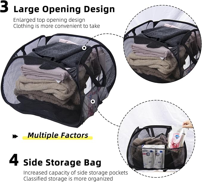 Collapsible Laundry Basket, 90L Mesh Pop-up Hamper with Handles | Foldable Storage Clothes Bag for Laundry, Bathroom, Dorm, Travel, Camping, Space-saving, Black, 2PCS