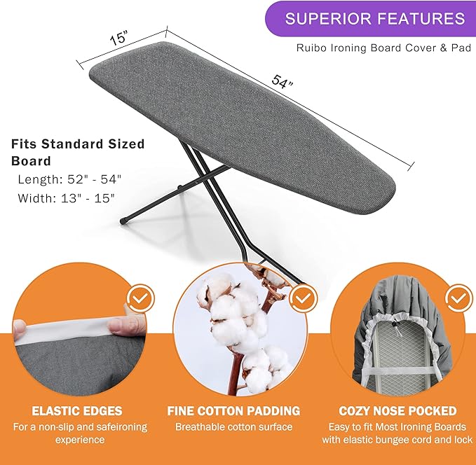 Ruibo Ironing Board Cover and Pad Extra Thick Heavy Duty Padding 4 Layers, Scorch and Stain Resistant,Elastic Edge Fit Standard Size 15x54 Inch/Black