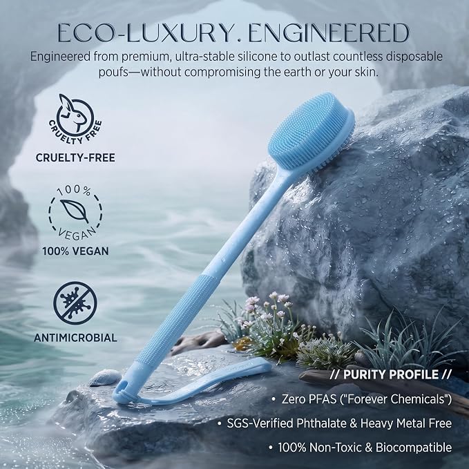 CORATED Silicone Back Scrubber for Shower, Exfoliating Body Scrubber with Long Handle, 2‑in‑1 Body Brush for Women & Men Daily Use, Loofah Alternative Bath Accessories